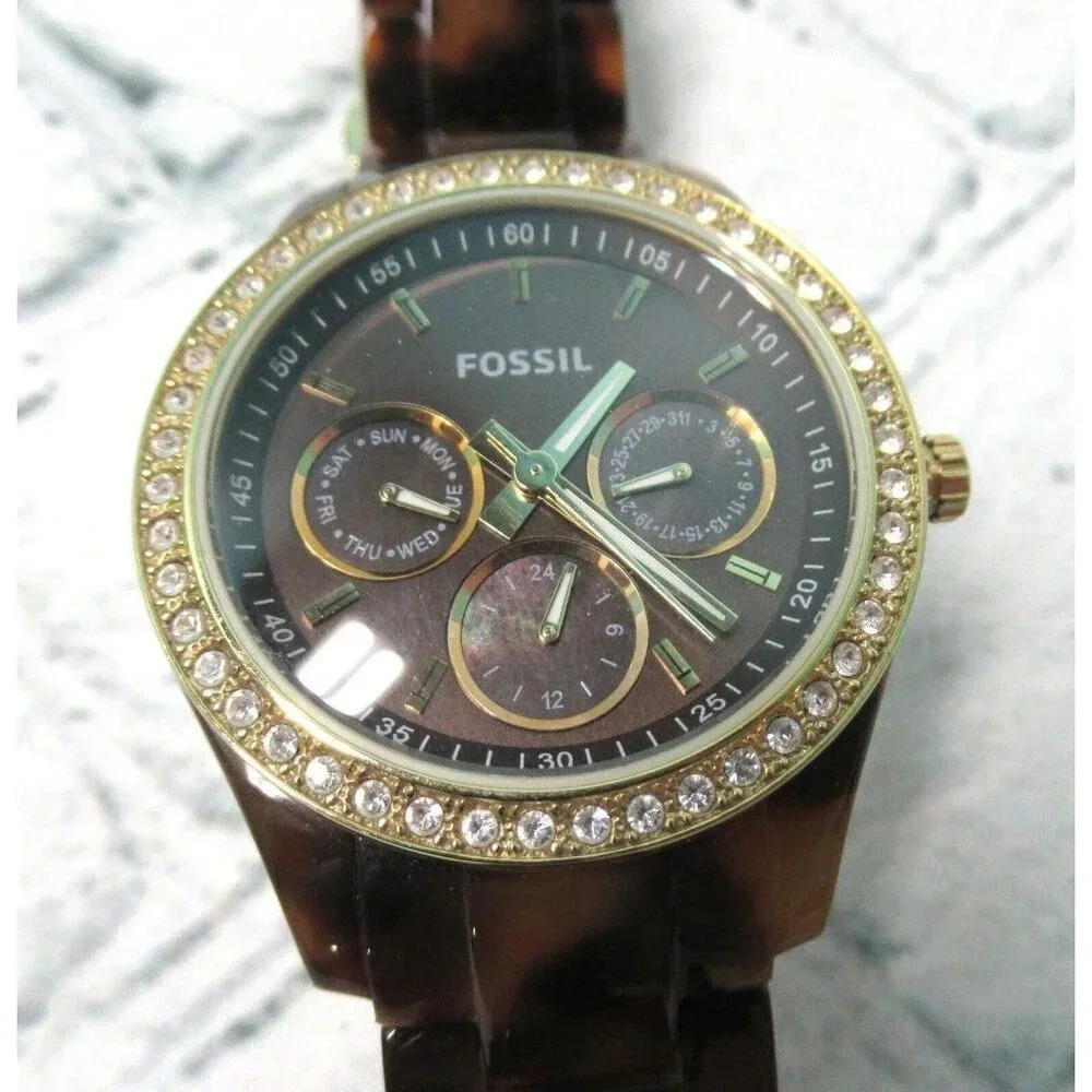 Fossil Stella Watch Brown Faux Tortoise Shell Band Women 6.5" Needs Battery